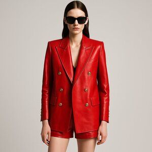 YSL Saint Laurent Red Leather Blazer Jacket Matching Shorts Suit Set Women Small